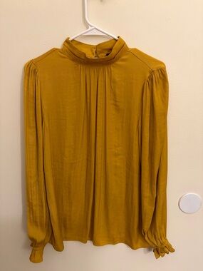 Womens Mustard High-Neck Long-Sleeve Blouse